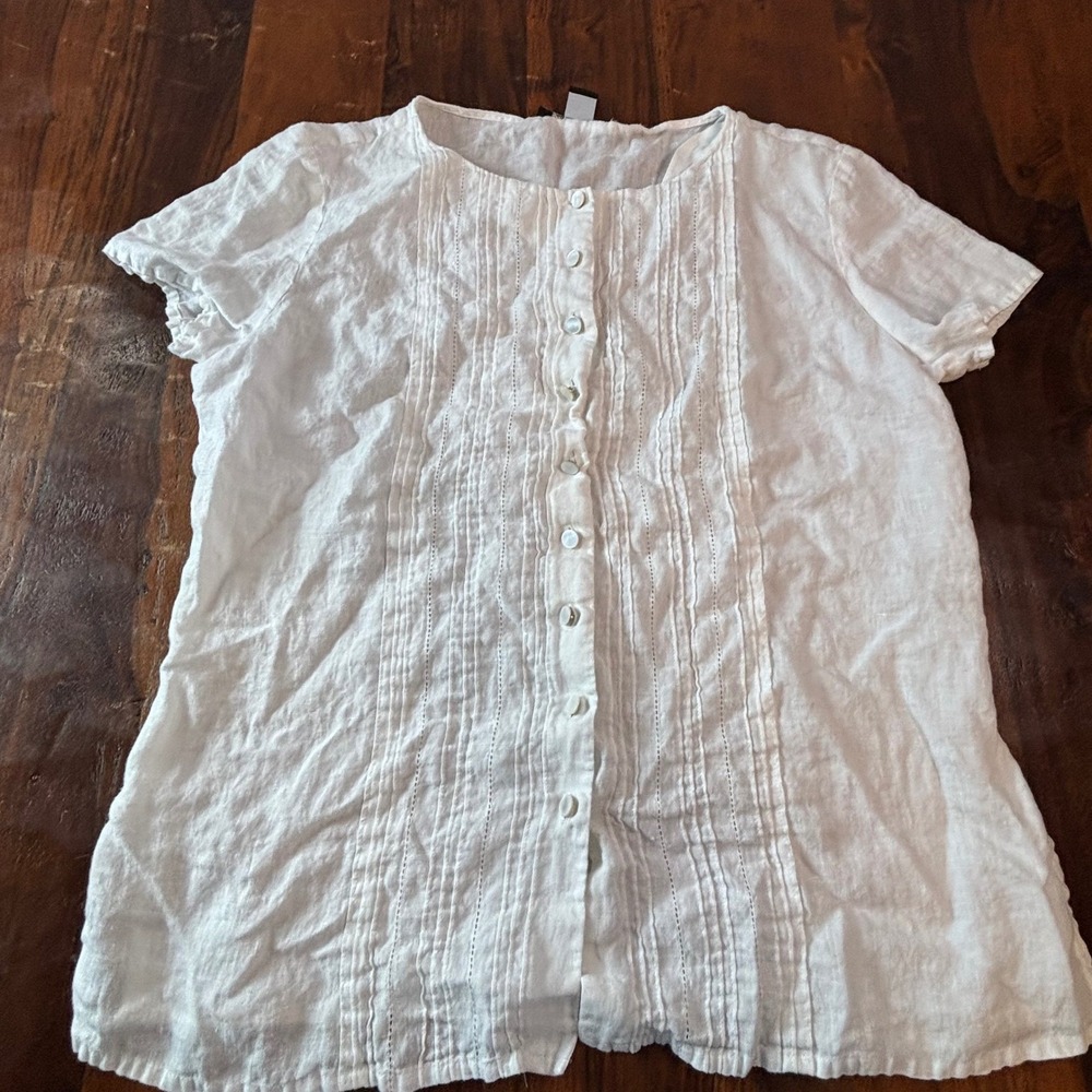 Liz Claiborne Collection Vintage White 100% Linen Pintuck Blouse Top Size 10